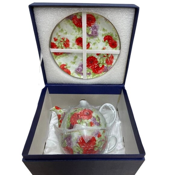Sorelle Fine Porcelain Floral TEA FOR ONE SET- Teapot, Cup and Saucer NEW IN BOX - Picture 1 of 6